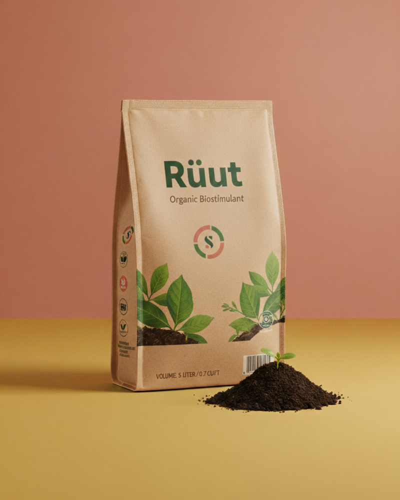 Ruut organic fertilizer on peach and yellow background
